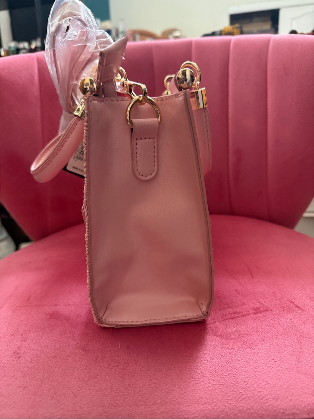 bebe Pink Textured Satchel with Gold Hardware and Charm - Picture 4 of 5